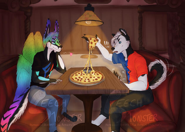 a furry couple, one husky and one very rainbow jex with multiple wings, enjoying a pizza date
