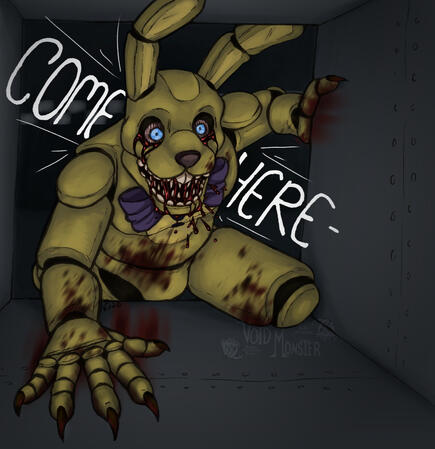 a blood stained animatronic suit yelling come here while crawling into a vent