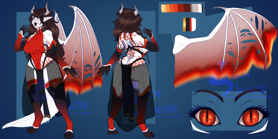 pale dragon woman with red and gold accents and dark clothes, for higanmorph